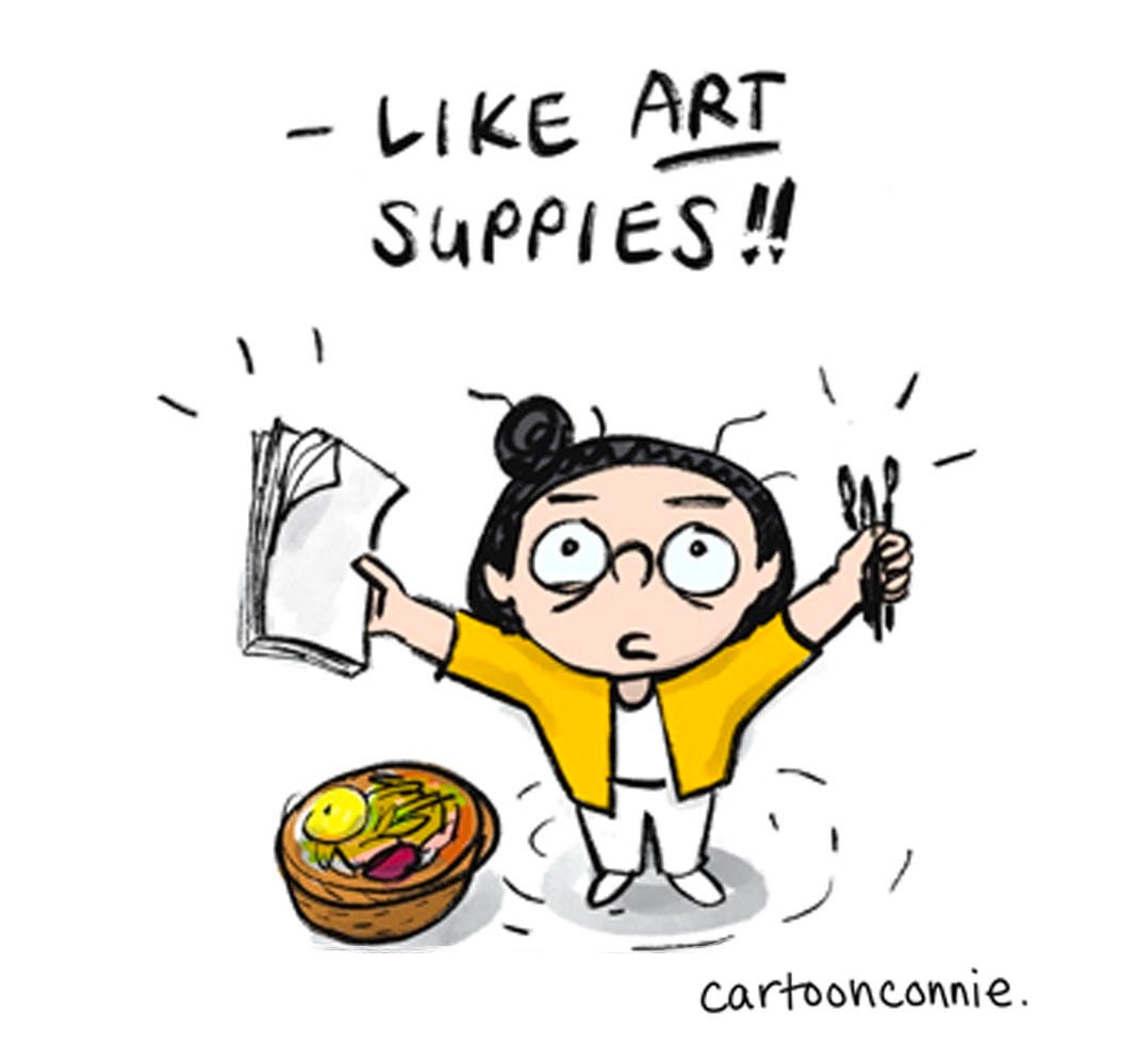 Panel 5 of a 6-panel comic about the weird things we stock up on in times of uncertainty and scarcity. The panels illustrate a cartoon girl with a bun talking to an elephant about insecurity leading to an impulse to panic-buy strange things. Titled "The Things We Stock Up On," 2026, by Connie Sun, cartoonconnie. Panel 5 of a 6-panel comic about the weird things we stock up on in times of uncertainty and scarcity. The panels illustrate a cartoon girl with a bun talking to an elephant about insecurity leading to an impulse to panic-buy strange things. Titled "The Things We Stock Up On," 2026, by Connie Sun, cartoonconnie.