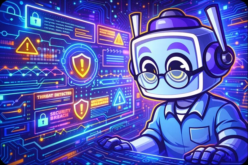 A friendly robot wearing glasses studies a glowing holographic display filled with encrypted data streams, security alerts, and cyber-threat analysis visuals against a vibrant digital circuitry background.