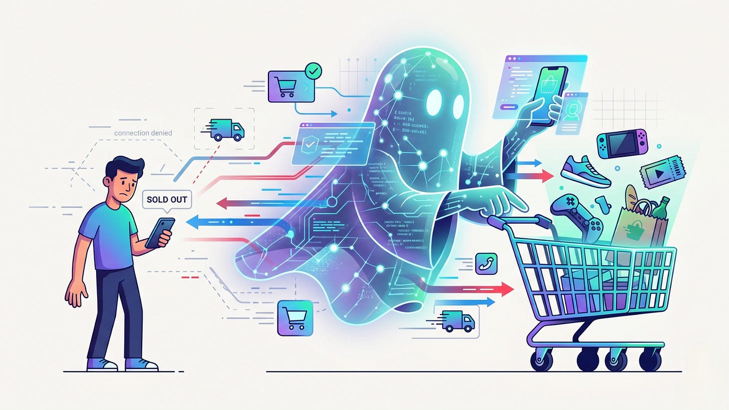 A premium digital vector illustration on a clean, off-white background depicting the contrast between a human shopper and automated retail bots. On the left, a frustrated young man looks down at his smartphone, which displays a "SOLD OUT" notification. In the center, a large, glowing, semi-transparent ghost-like figure woven with circuit board patterns and data streams reaches forward with multiple digital hands. The ghost uses a smartphone to instantly check out items and sweeps a stream of high-demand products—including a gaming console, a sneaker, a controller, and groceries—directly into a shopping cart on the right, illustrating the speed and dominance of automated checkout bots. A premium digital vector illustration on a clean, off-white background depicting the contrast between a human shopper and automated retail bots. On the left, a frustrated young man looks down at his smartphone, which displays a "SOLD OUT" notification. In the center, a large, glowing, semi-transparent ghost-like figure woven with circuit board patterns and data streams reaches forward with multiple digital hands. The ghost uses a smartphone to instantly check out items and sweeps a stream of high-demand products—including a gaming console, a sneaker, a controller, and groceries—directly into a shopping cart on the right, illustrating the speed and dominance of automated checkout bots.
