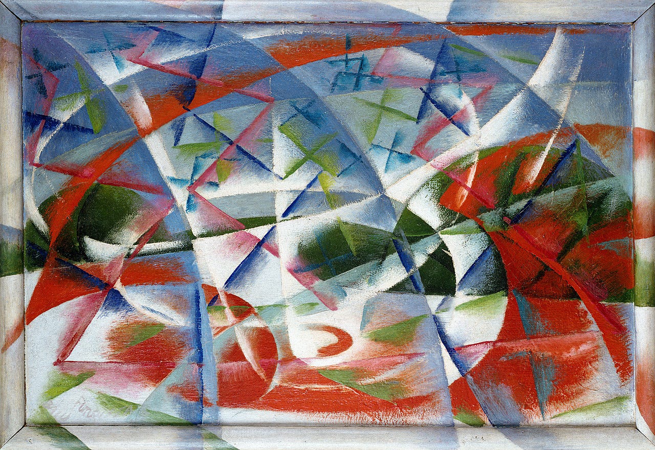 Giacomo Balla, Abstract Speed + Sound, 1913–14. Oil on unvarnished millboard in artist's painted frame, framed: 21 1/2 x 30 1/8 inches (54.5 x 76.5 cm)