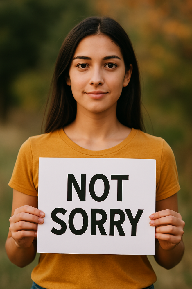Young woman in a mustard shirt holds a "NOT SORRY" sign, standing outdoors with a blurred, autumnal background. She has a confident expression.