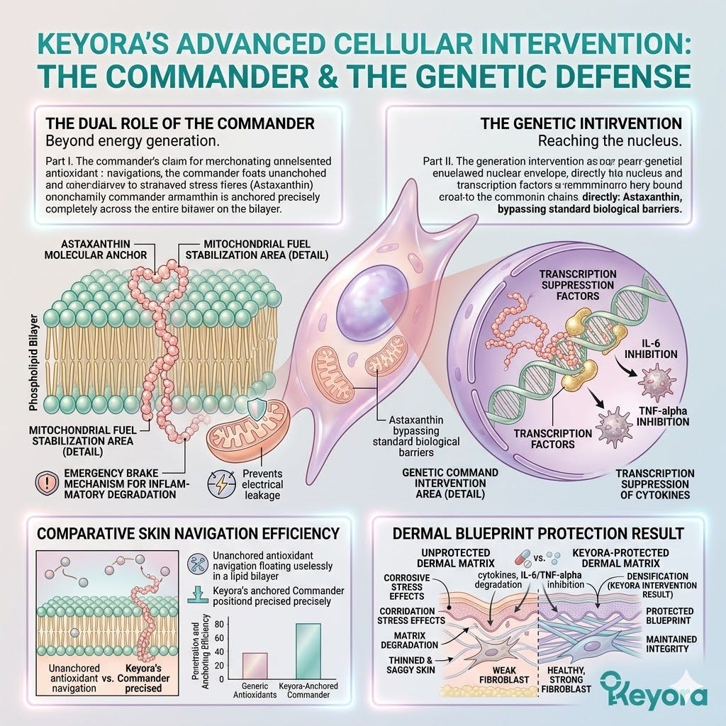 Commander Astaxanthin anchors lipid architecture to stabilize ATP Synthesis and suppress IL-6 for the total restoration of Dermal Sovereignty. Commander Astaxanthin anchors lipid architecture to stabilize ATP Synthesis and suppress IL-6 for the total restoration of Dermal Sovereignty.