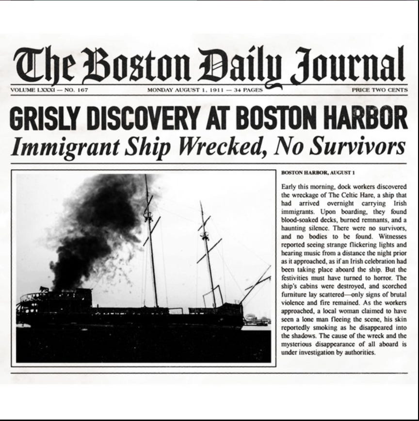 Black-and-white image of a fictional front page from The Boston Daily Journal, dated August 1, 1911. The bold headline reads: “Grisly Discovery at Boston Harbor – Immigrant Ship Wrecked, No Survivors.” Below, a photo shows a smoldering steamship with thick black smoke rising into the sky. The accompanying article describes the mysterious wreck of “The Celtic Hare,” an Irish immigrant ship found with blood-soaked decks, burned remains, and no survivors—only eerie signs of a violent and unexplained event.