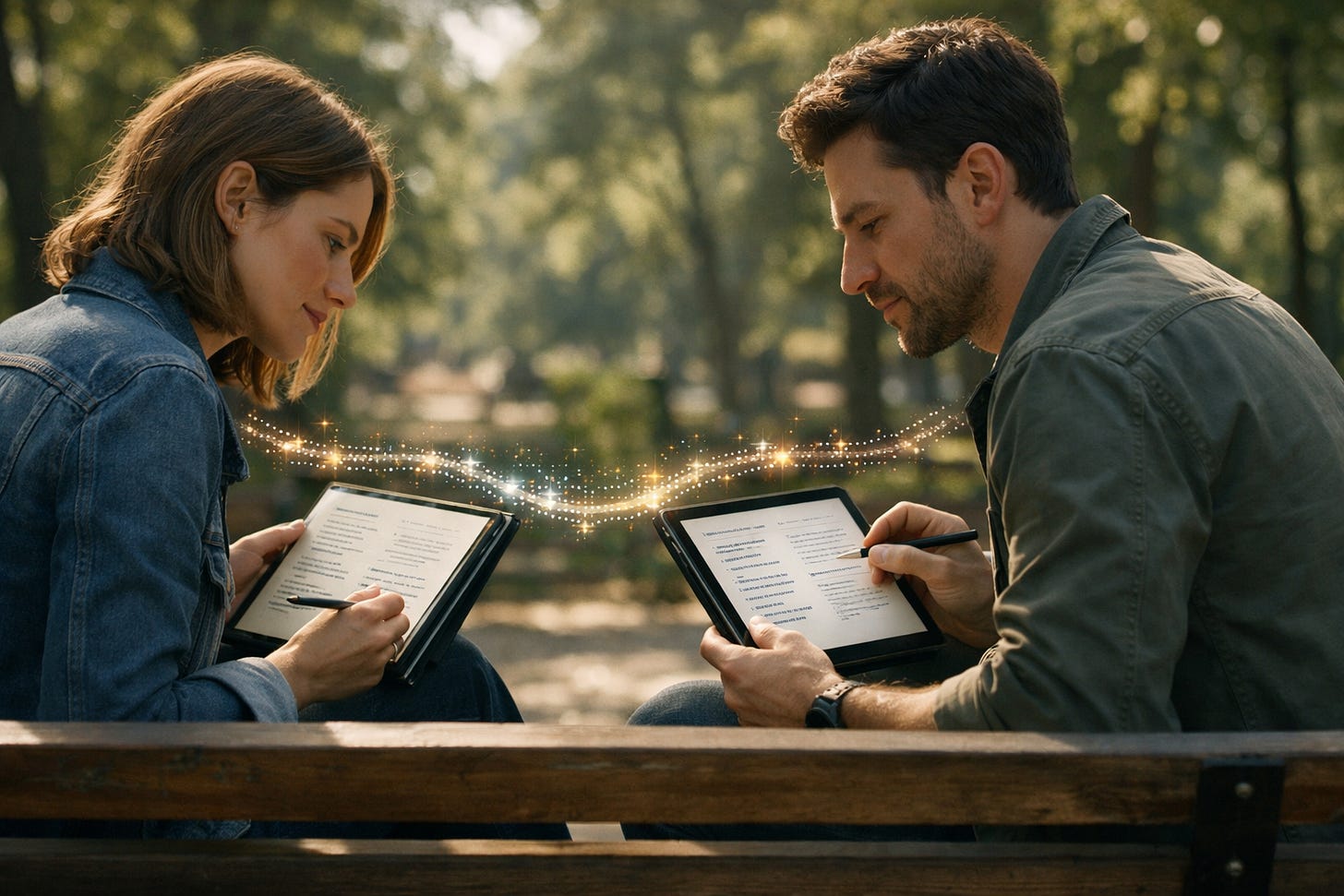 Two people on a park bench using tablets with a glowing digital link between the devices. Two people on a park bench using tablets with a glowing digital link between the devices.