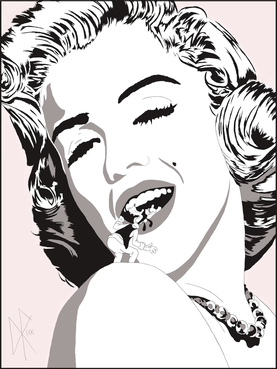 Close-up of Marilyn Monroe’s head and shoulders. Tiny Goofy stands on Marilyn’s left shoulder, looking into her smiling mouth. Sketch art by Don Rice. Close-up of Marilyn Monroe’s head and shoulders. Tiny Goofy stands on Marilyn’s left shoulder, looking into her smiling mouth. Sketch art by Don Rice.