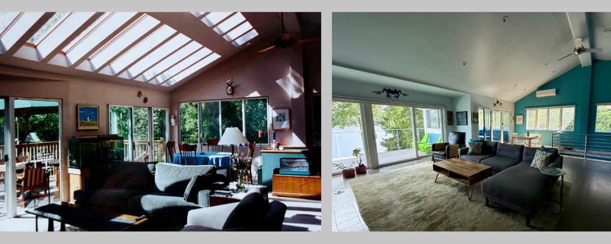 Two views of the same space, one with 20 skylights in 2000 and the other one with the roof fixed and other improvements today.