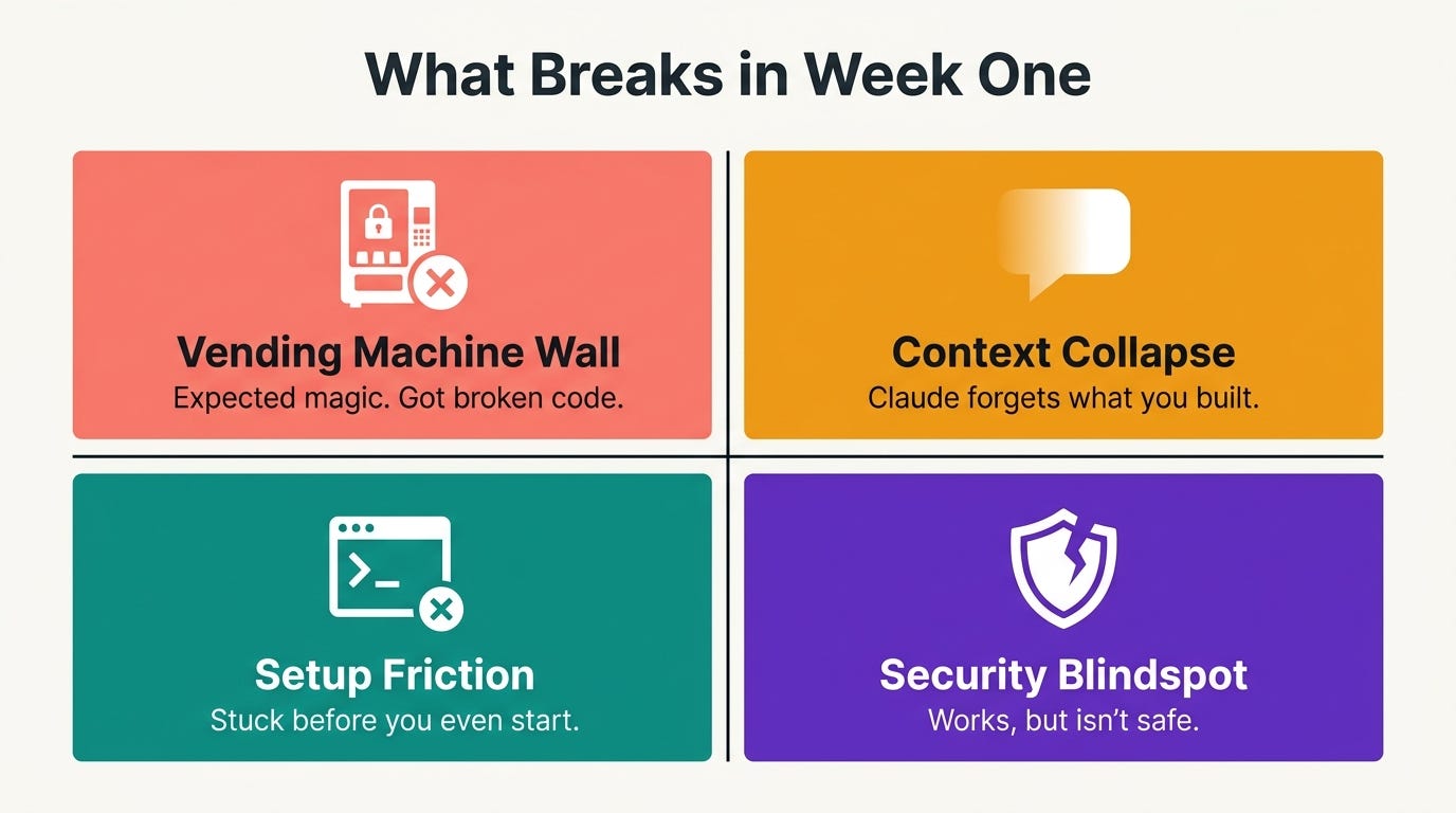 Flat illustration showing 4 patterns that break vibe coders in week one — Vending Machine Wall, Context Collapse, Setup Friction, Security Blindspot | Build to Launch