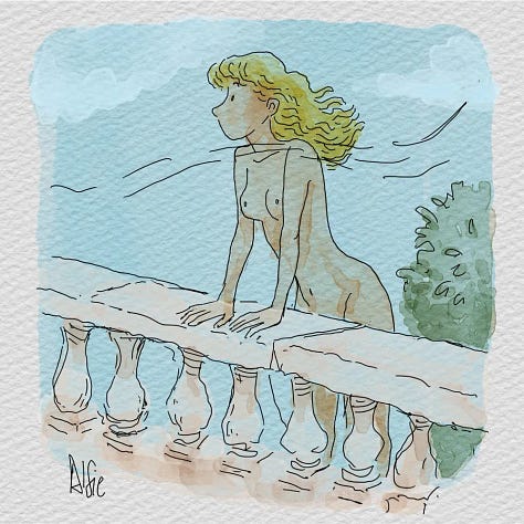 Selection of illustrations by Alfie featuring expressive drawings of nude women in varied settings, including intimate conversations, quiet contemplative moments, and imaginative scenes with plants, animals, and fantastical creatures, rendered in a soft, fluid line style with occasional watercolor tones.