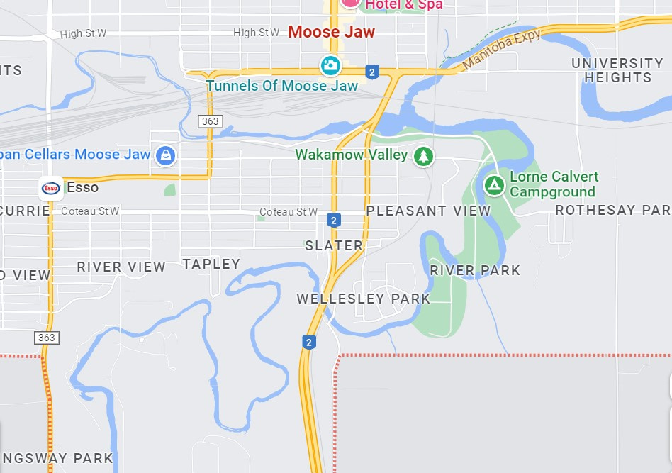 A map of the southern part of the city of Moose Jaw, showing the route of the Moose Jaw River.