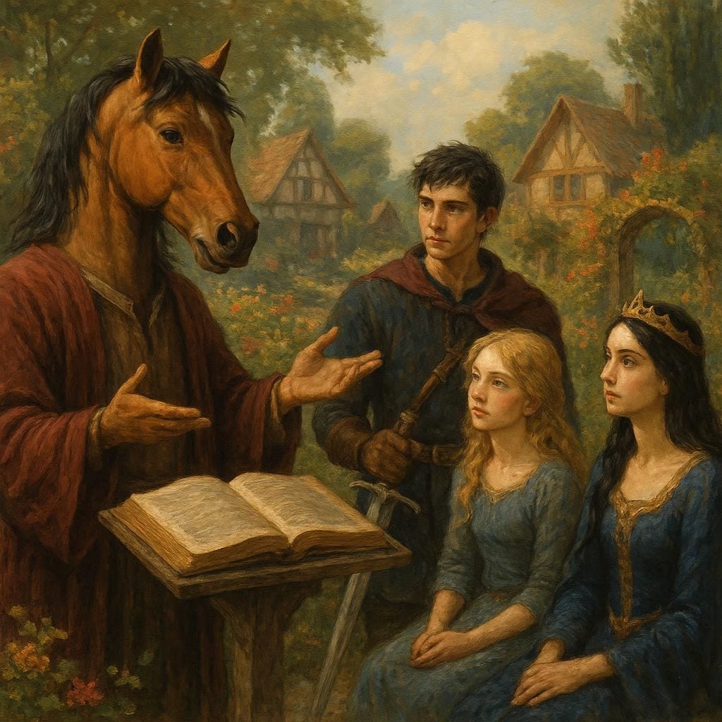 horse giving lecture, man with short black hair holding sword, young blonde woman, princess with long black hair, village garden, fantasy art horse giving lecture, man with short black hair holding sword, young blonde woman, princess with long black hair, village garden, fantasy art