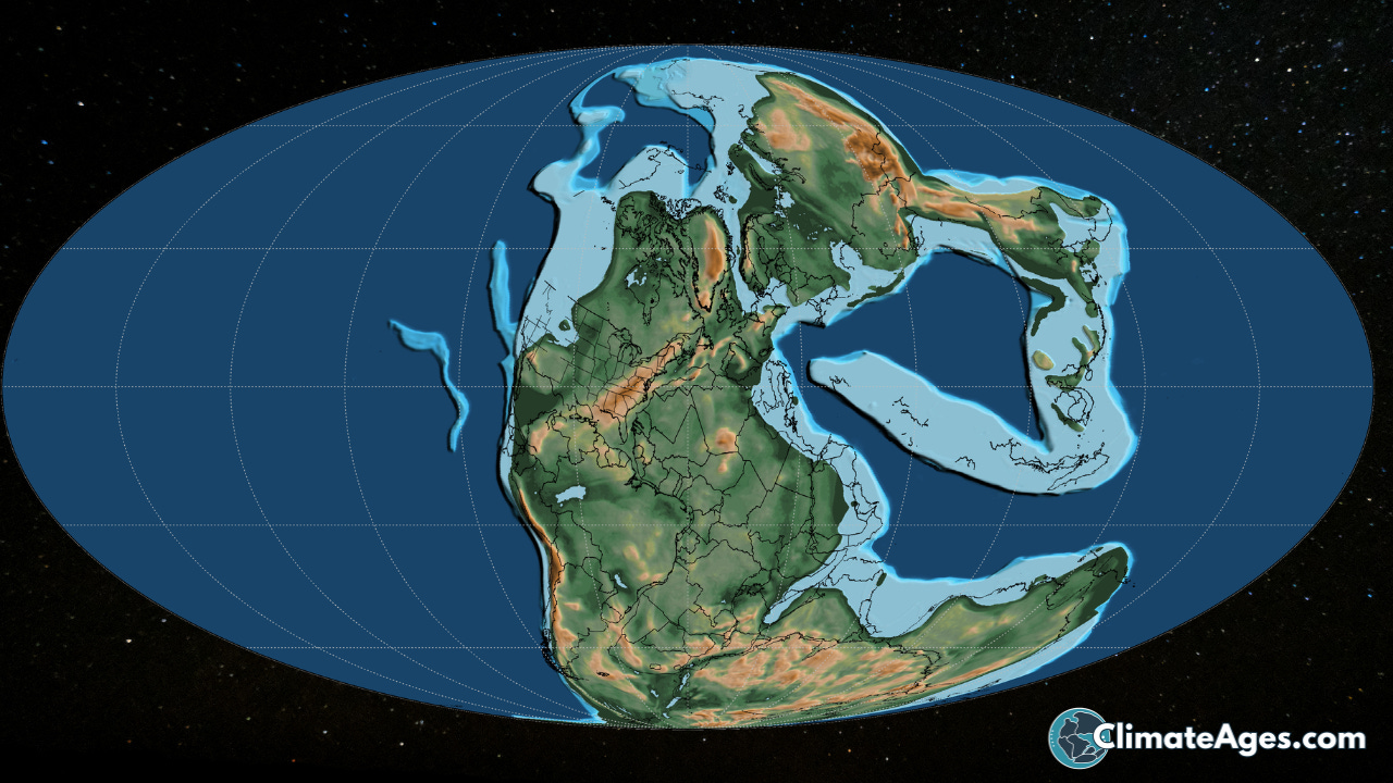 Global paleogeographic map showing ancient continental configuration during the Paleozoic, with large landmasses clustered differently from today and extensive shallow seas in light blue along the margins. The map is displayed in an oval projection with latitude and longitude grid lines, illustrating how continent shape and coastline orientation differed from the modern world.