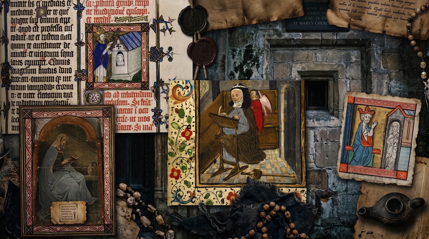 A dark, atmospheric collage of medieval elements. In the center, a framed painting depicts a nun or anchoress reading a book at a scriptorium desk. To the left and right are fragments of Latin liturgical manuscripts with black gothic script and red accents, an illustration of a king, and a small framed icon of a holy figure. In the background, a dark, weathered stone church wall with a small opening is visible.