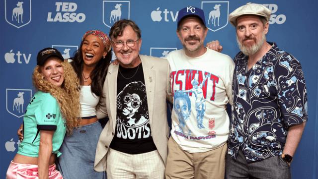 Juno Temple, Abbie Hern, Jeremy Swift, Jason Sudeikis and Brendan Hunt attend a press conference and welcome fans to the “Ted Lasso” Night fan event at CPKC Stadium in Kansas City to celebrate the fourth season of the Apple TV series. Season four of “Ted Lasso” premieres globally on Apple TV on Wednesday, August 5, 2026. Juno Temple, Abbie Hern, Jeremy Swift, Jason Sudeikis and Brendan Hunt attend a press conference and welcome fans to the “Ted Lasso” Night fan event at CPKC Stadium in Kansas City to celebrate the fourth season of the Apple TV series. Season four of “Ted Lasso” premieres globally on Apple TV on Wednesday, August 5, 2026.