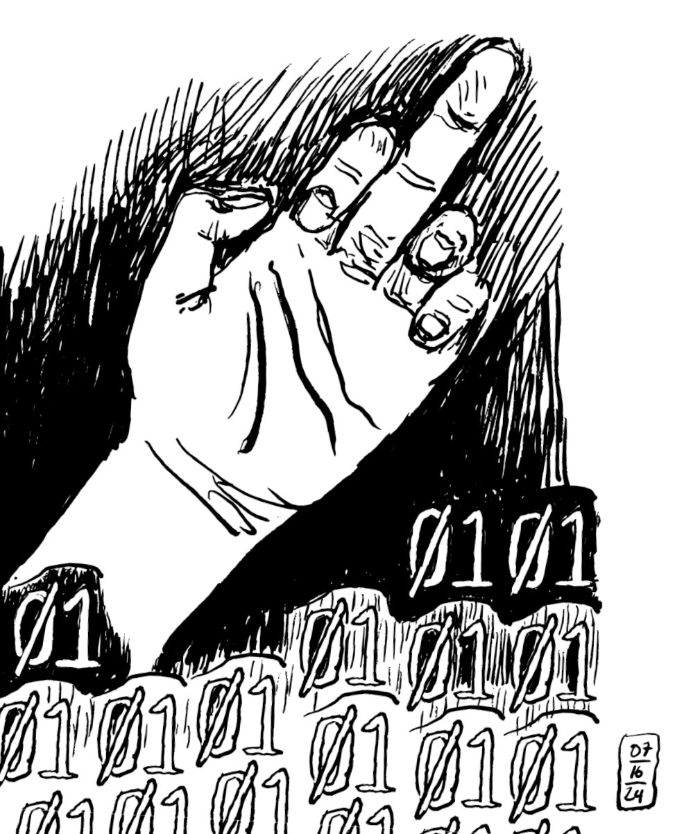 Middle finger hand drawn against a dark shadow with 0's and 1's in the background. Middle finger hand drawn against a dark shadow with 0's and 1's in the background.
