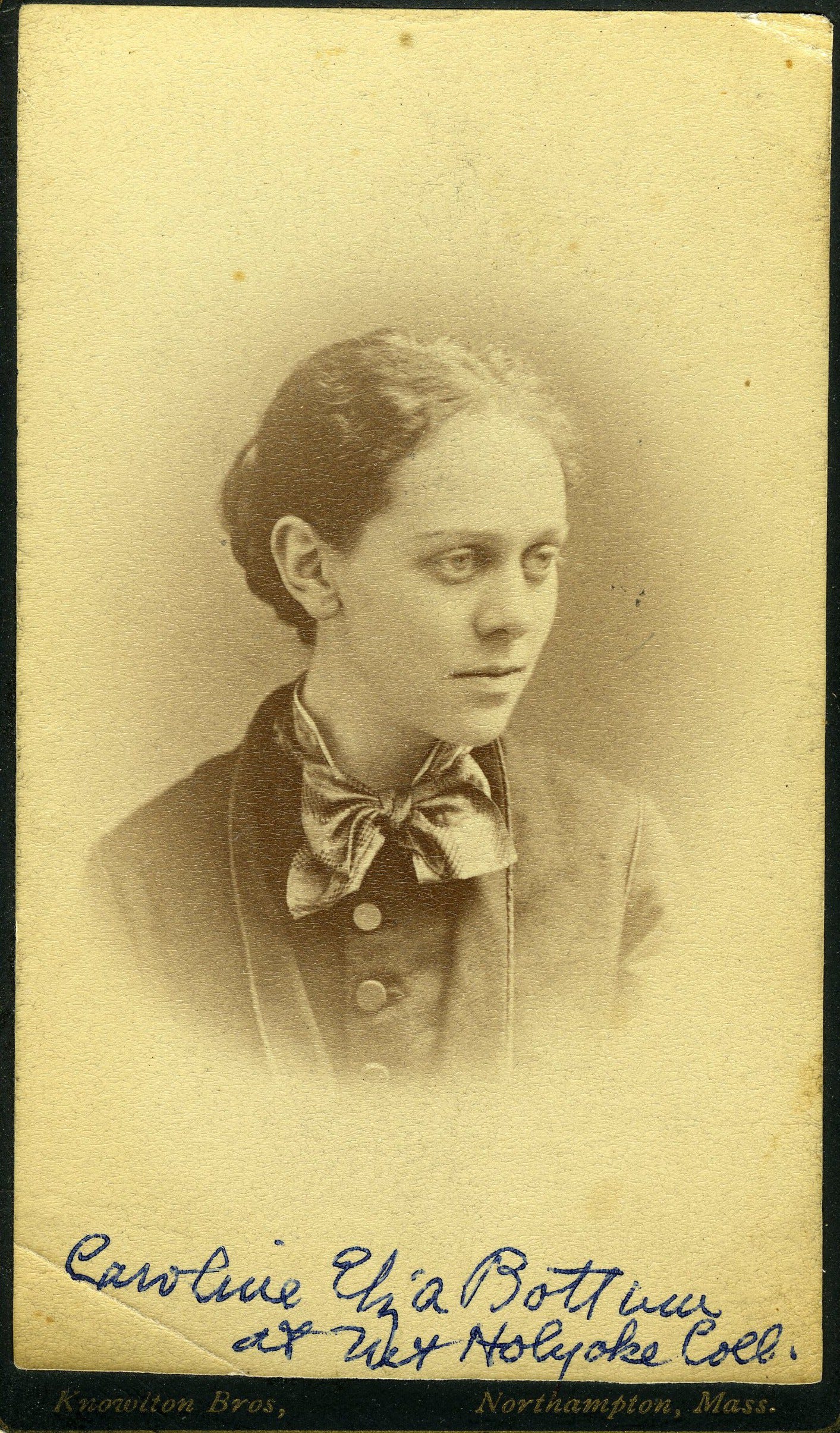 Young Caroline “Carrie” Bottum seated with fellow students in a Mount Holyoke group photograph from the early 1870s.Young Caroline “Carrie” Bottum seated with fellow students in a Mount Holyoke group photograph from the early 1870s.