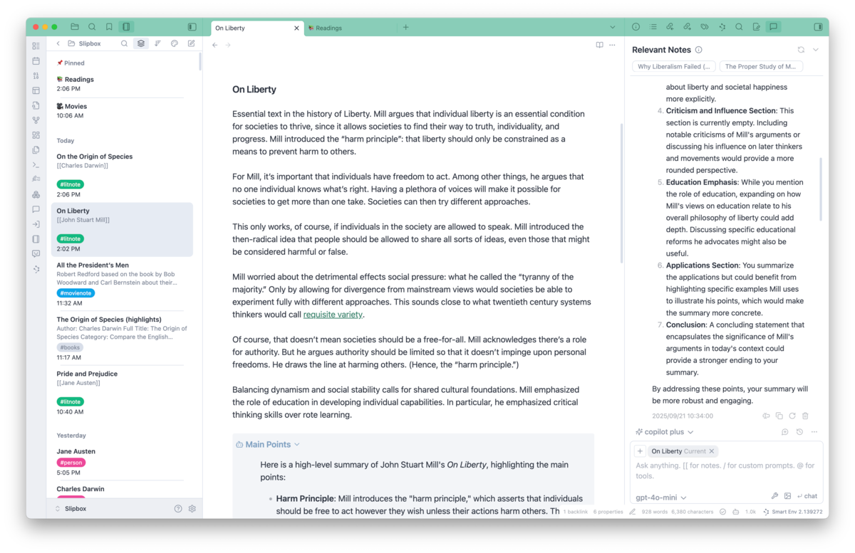 A screenshot showing an Obsidian window with three panes. On the left is a list of notes, each with a colorful tag. In the middle is a note about John Stuart Mill’s On Liberty. On the right is an LLM chat conversation about the Mill work. A screenshot showing an Obsidian window with three panes. On the left is a list of notes, each with a colorful tag. In the middle is a note about John Stuart Mill’s On Liberty. On the right is an LLM chat conversation about the Mill work.