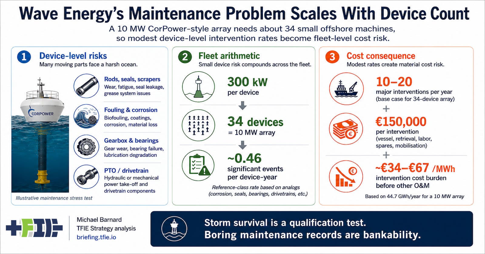 Infographic showing wave energy maintenance risks for a CorPower-style 10 MW array, including device-level failures, 34-device fleet arithmetic, and estimated intervention costs of €34-€67/MWh before other operations and maintenance.