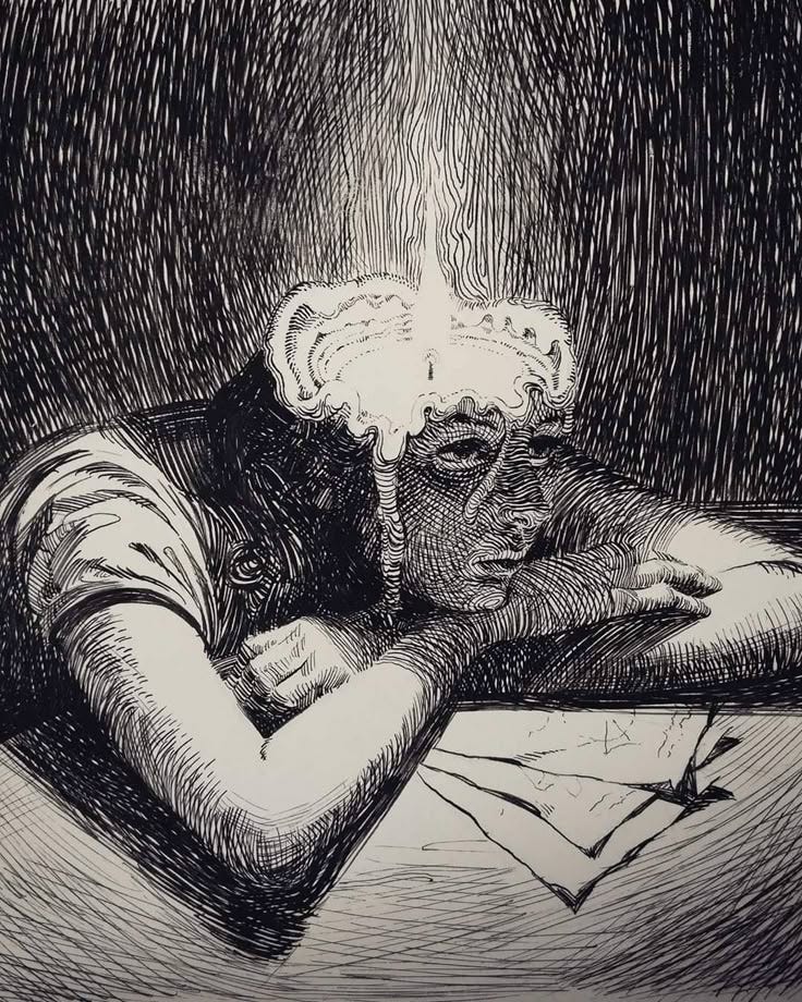 This may contain: a black and white drawing of a person laying on a table with papers in front of him