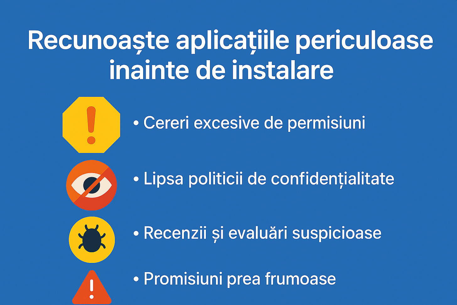 Infografic securitate digitală: smartphone cu pictograme de avertizare și text în limba română