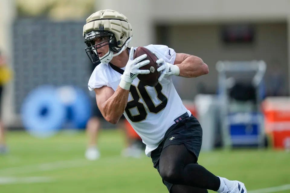 New Orleans Saints tight end Jimmy Graham (80) runs through drills at the team's NFL football training camp in Metairie, La., Wednesday, July 26, 2023. (AP Photo/Gerald Herbert)