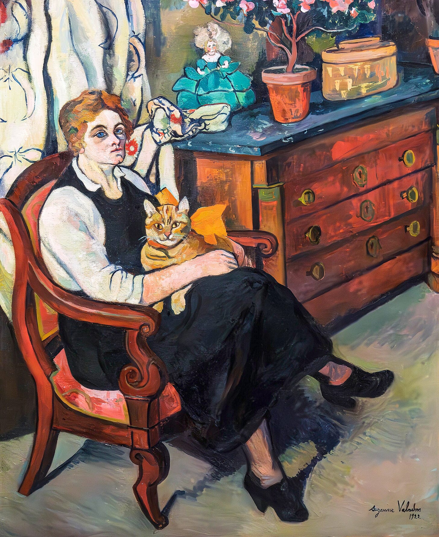 Suzanne Valadon, Portrait of Miss Lily Walton, a woman seated in an armchair with a ginger cat on her lap Suzanne Valadon, Portrait of Miss Lily Walton, a woman seated in an armchair with a ginger cat on her lap