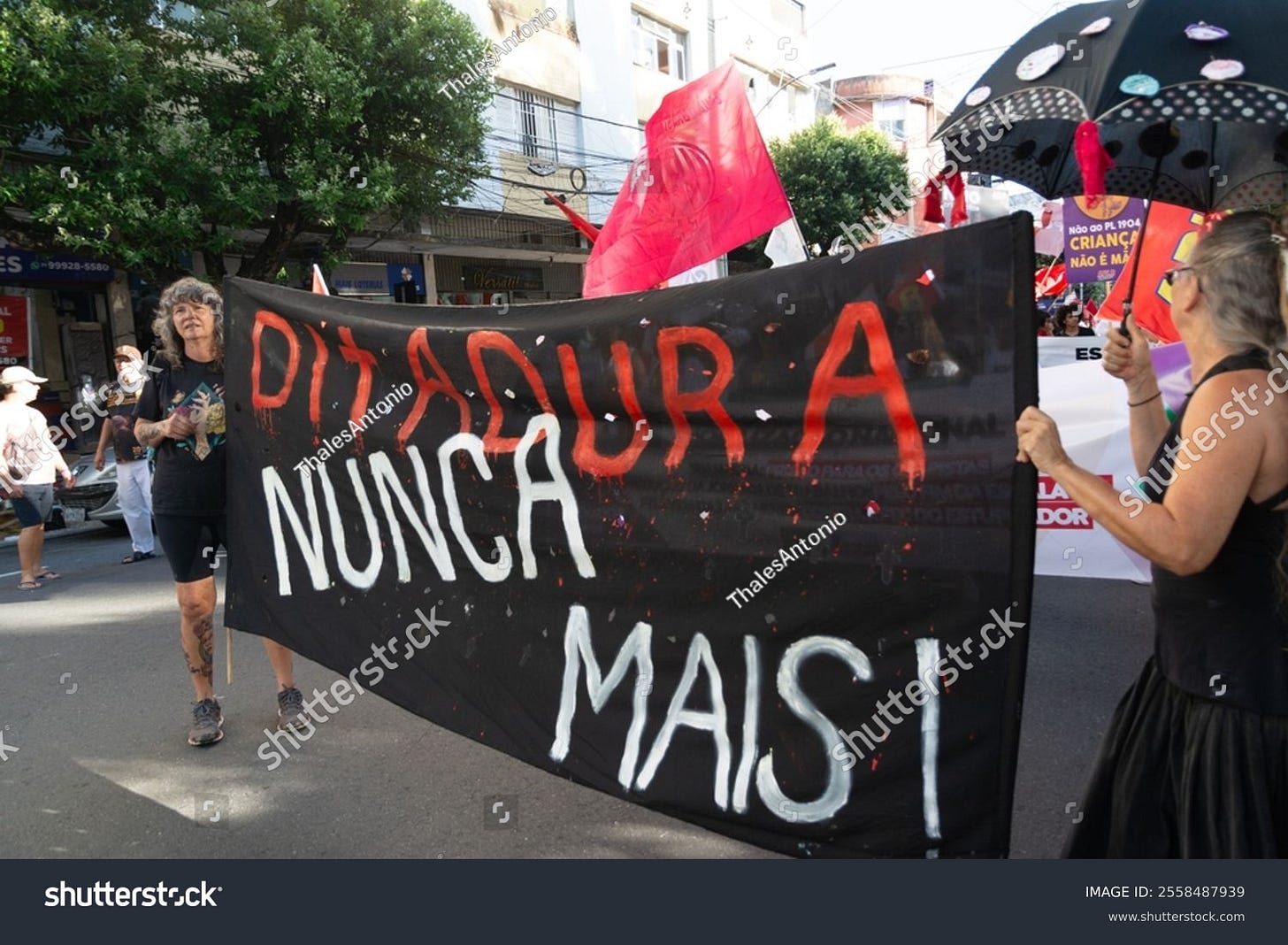 Salvador, Bahía, Brasil - 10 de diciembre de 2024: Se ve a activistas protestando con un Anuncio que dice "no más dictadura". Ciudad de Salvador, Bahía.