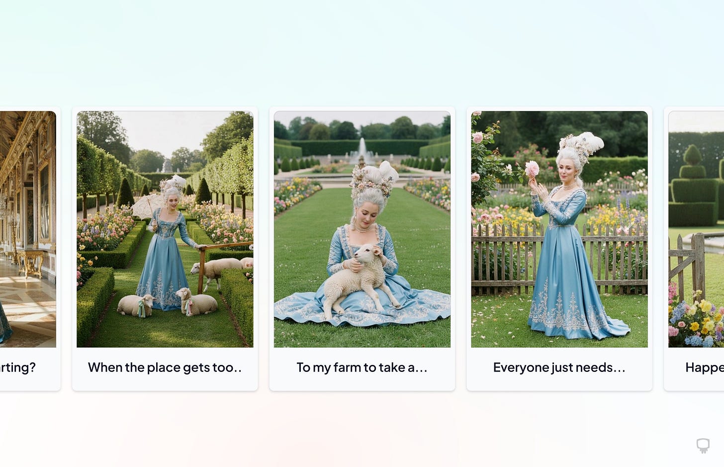 an image storyboard featuring Marie Antoinette in the garden of Versailles
