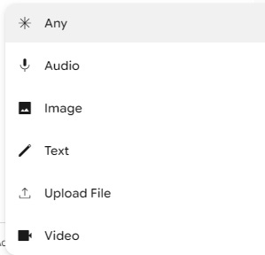 A dropdown menu in Google Opal showing user input format options: Any, Audio, Image, Text, Upload File, and Video.