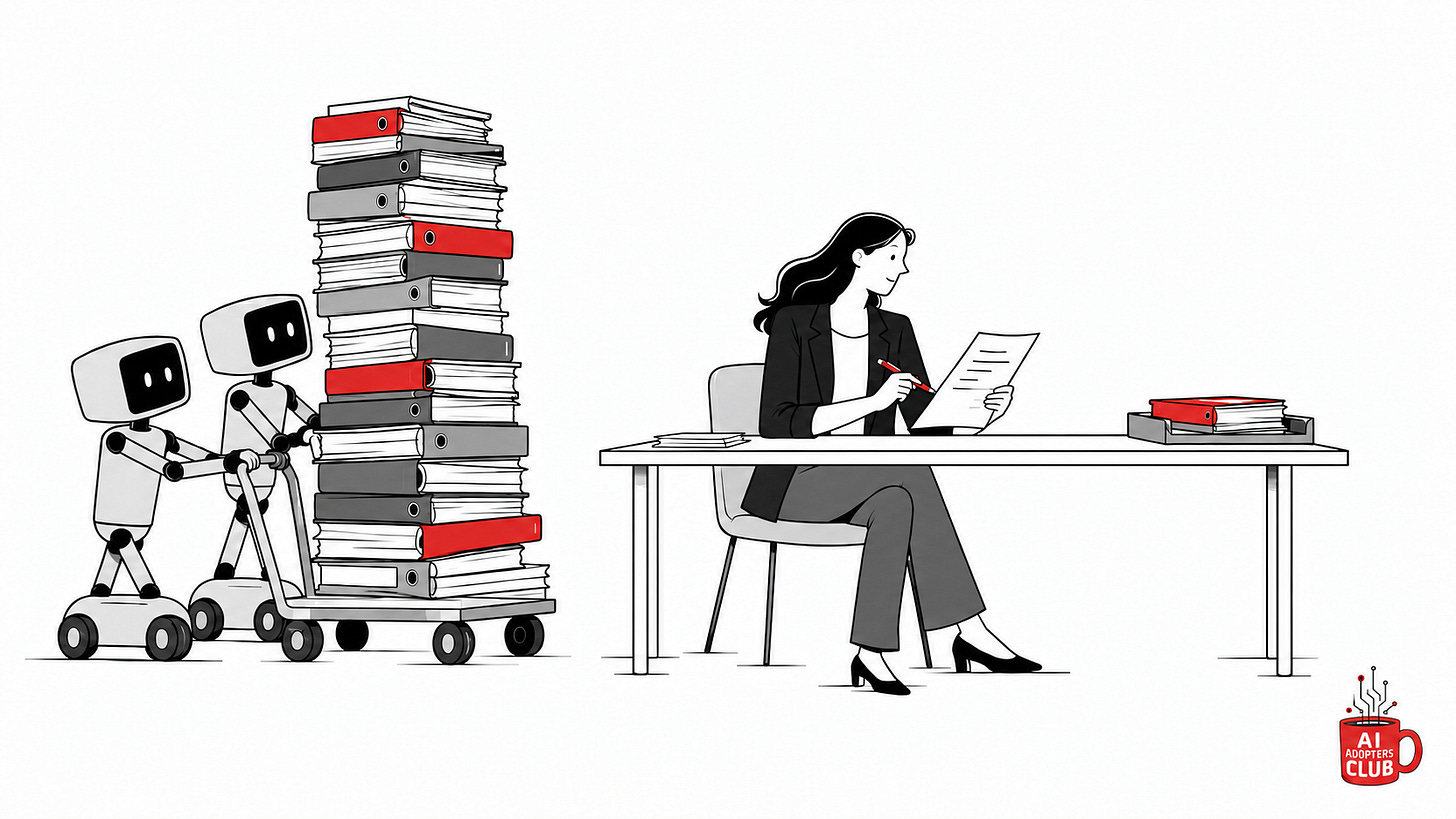 A manager reviews a folder while two small robots bring a growing stack of drafts to her desk.