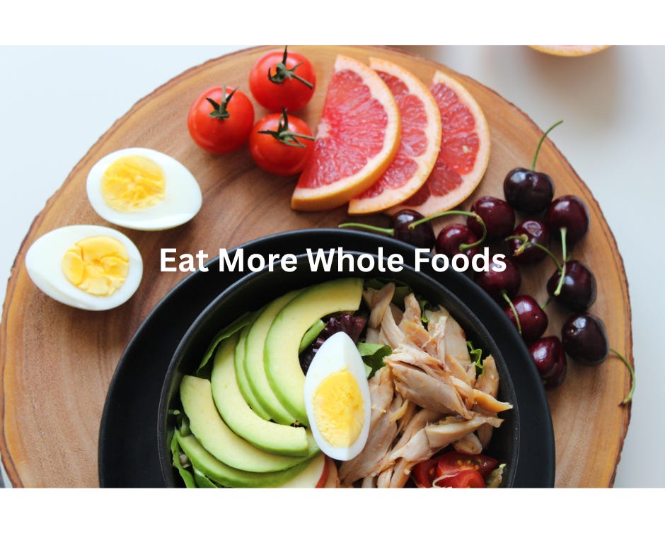a plate with avocado, boiled egg and chicken surrounded by boiled egg, cherry tomatoes, watermelon and cherries