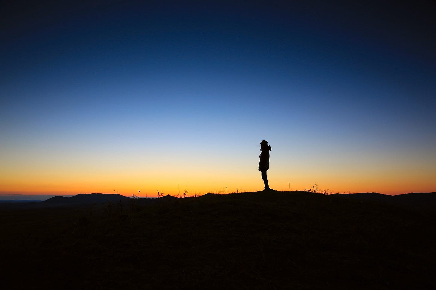 Image of a silhouette of a person standing on a hill at dusk for article titled “the illusion of free will” Image of a silhouette of a person standing on a hill at dusk for article titled “the illusion of free will”