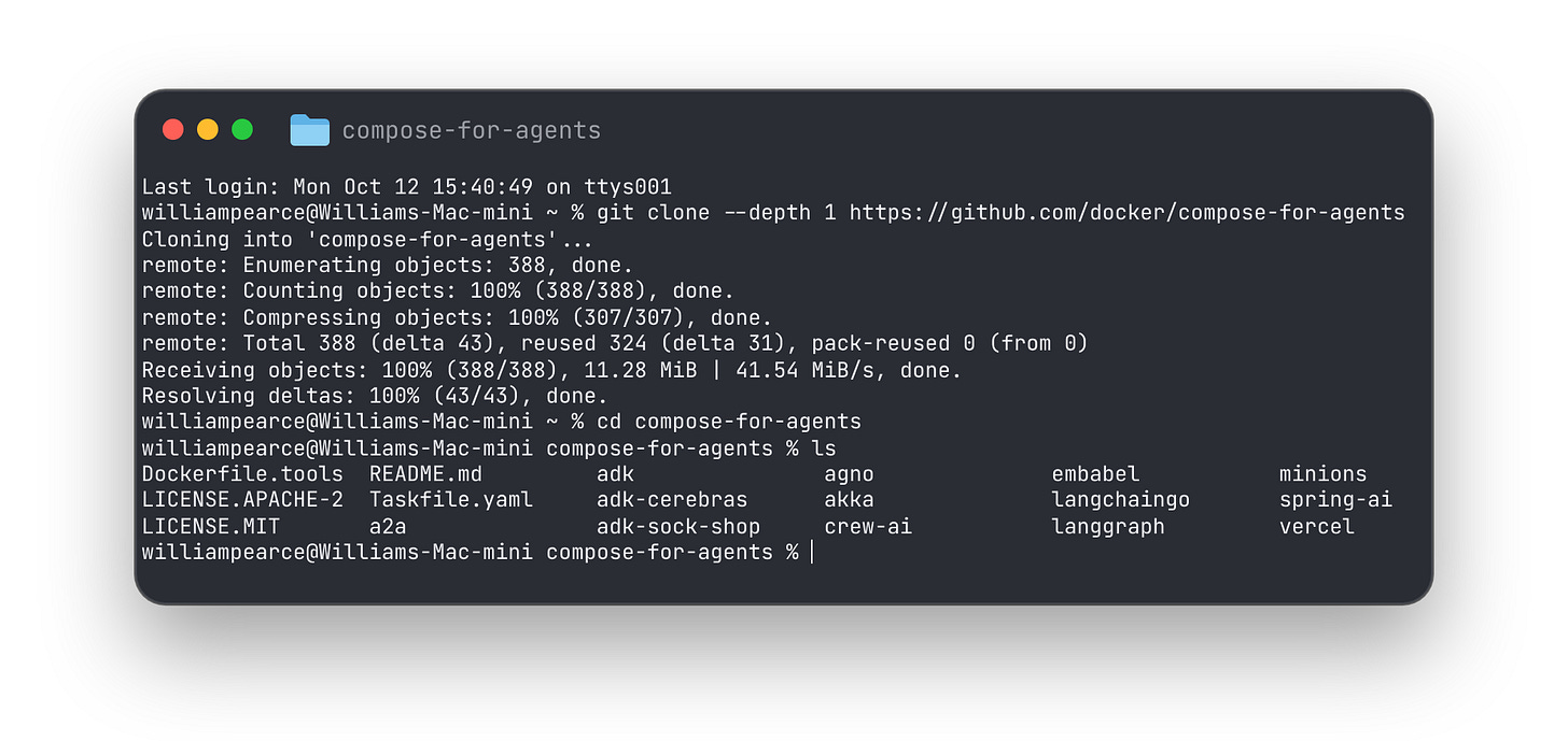 Cloning the compose-for-agents repo and listing the demos