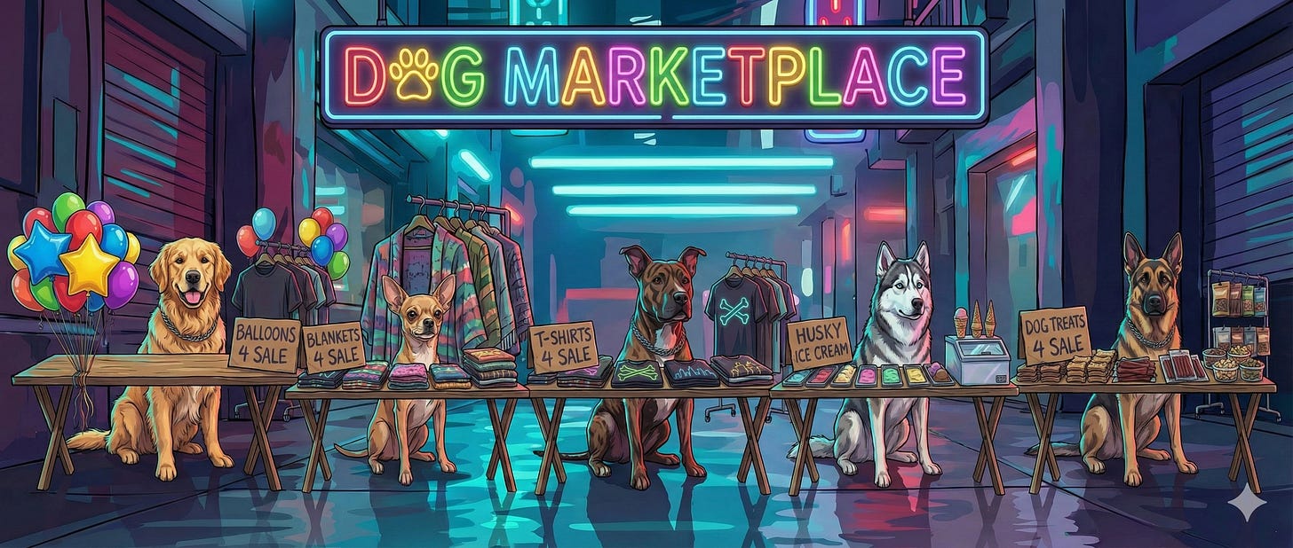 Five different dog breeds in one cohesive scene with perfect character consistency. The neon “Dog Marketplace” text is legible, as are all vendor signs—demonstrating both text rendering and multi-subject consistency.