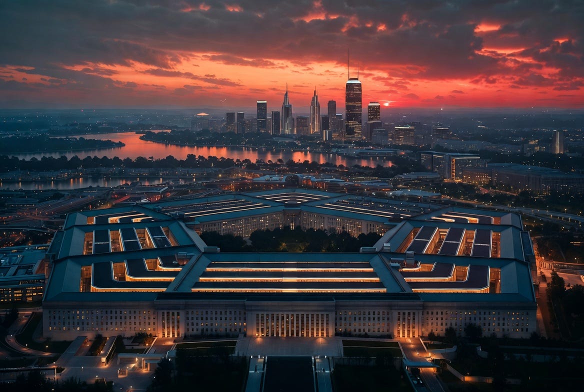 A photograph of the Pentagon in 2075 at dusk, with futuristic elements and a modernized skyline.