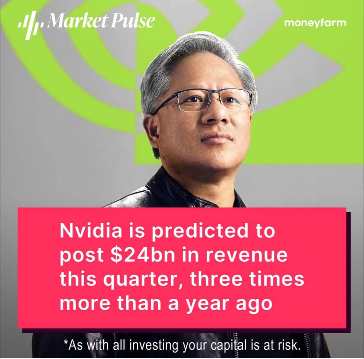 May be an image of ‎2 people and ‎text that says "‎יווי ,Market Market Pulse moneyfarm Nvidia is predicted to to post $24bn in revenue this quarter, three times more than a year ago *As with all investing your capital is at risk.‎"‎‎