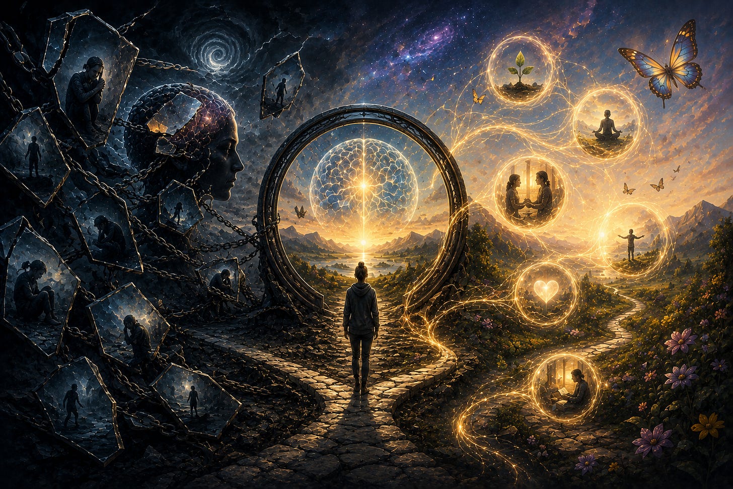 a lone figure standing between a dark fractured world of chains, isolation, and shattered reflections, and a luminous landscape filled with golden pathways, connection, growth, healing, and expanding consciousness, representing trauma, perception, repair, and structural transformation.