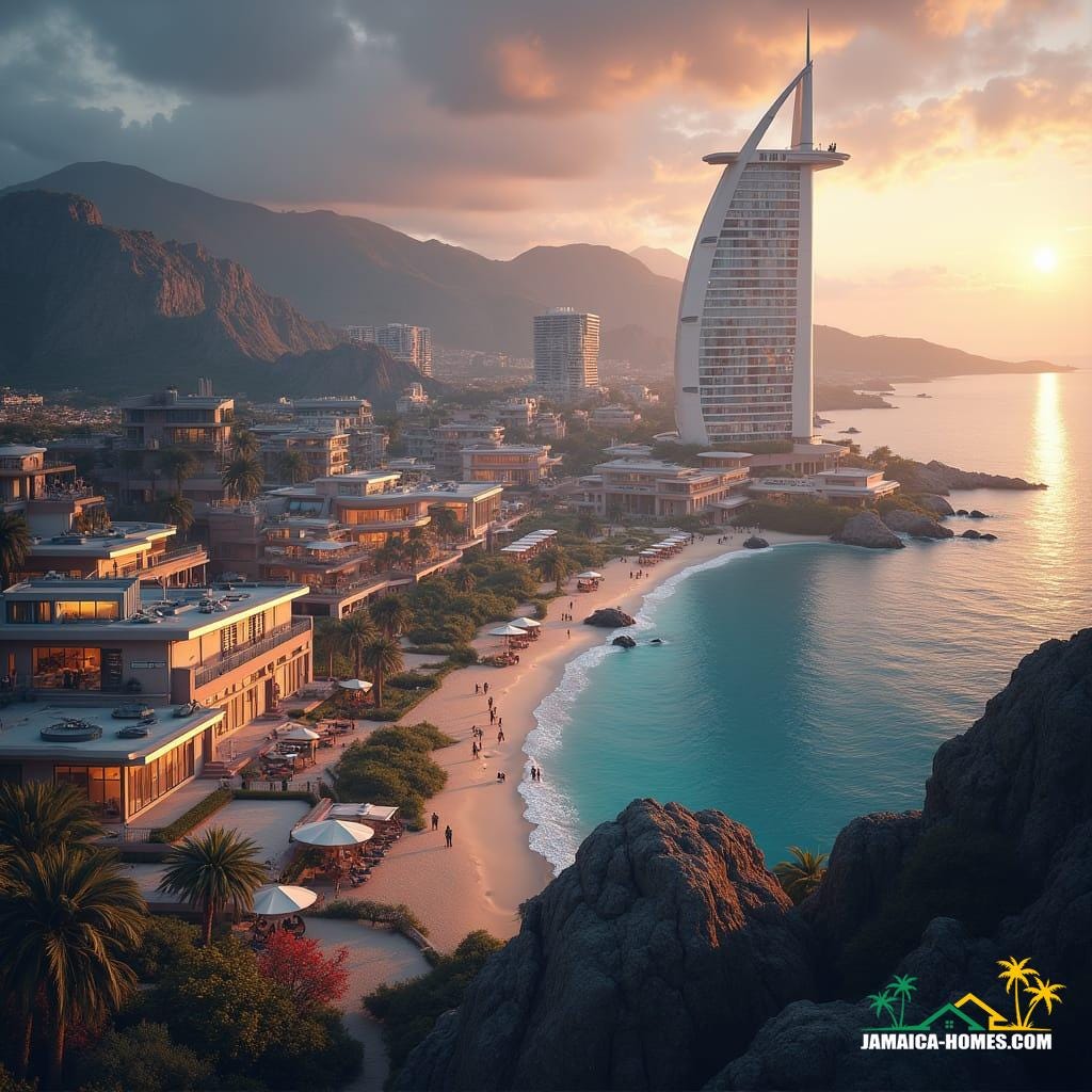 A sprawling, futuristic coastal cityscape at dusk, featuring a blend of boutique eco-resorts, high-rise hotels, and entertainment complexes, bustling with tourists from diverse backgrounds, captured in a cinematic film still, reminiscent of the works of Syd Mead, Zaha Hadid, and Ash Thorp, with a color palette and lighting inspired by the atmospheric and dramatic tones of Blade Runner and Interstellar