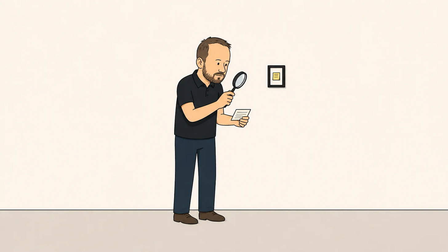 A man inspects a framed note on the wall with a magnifying glass while holding another note in his hand.