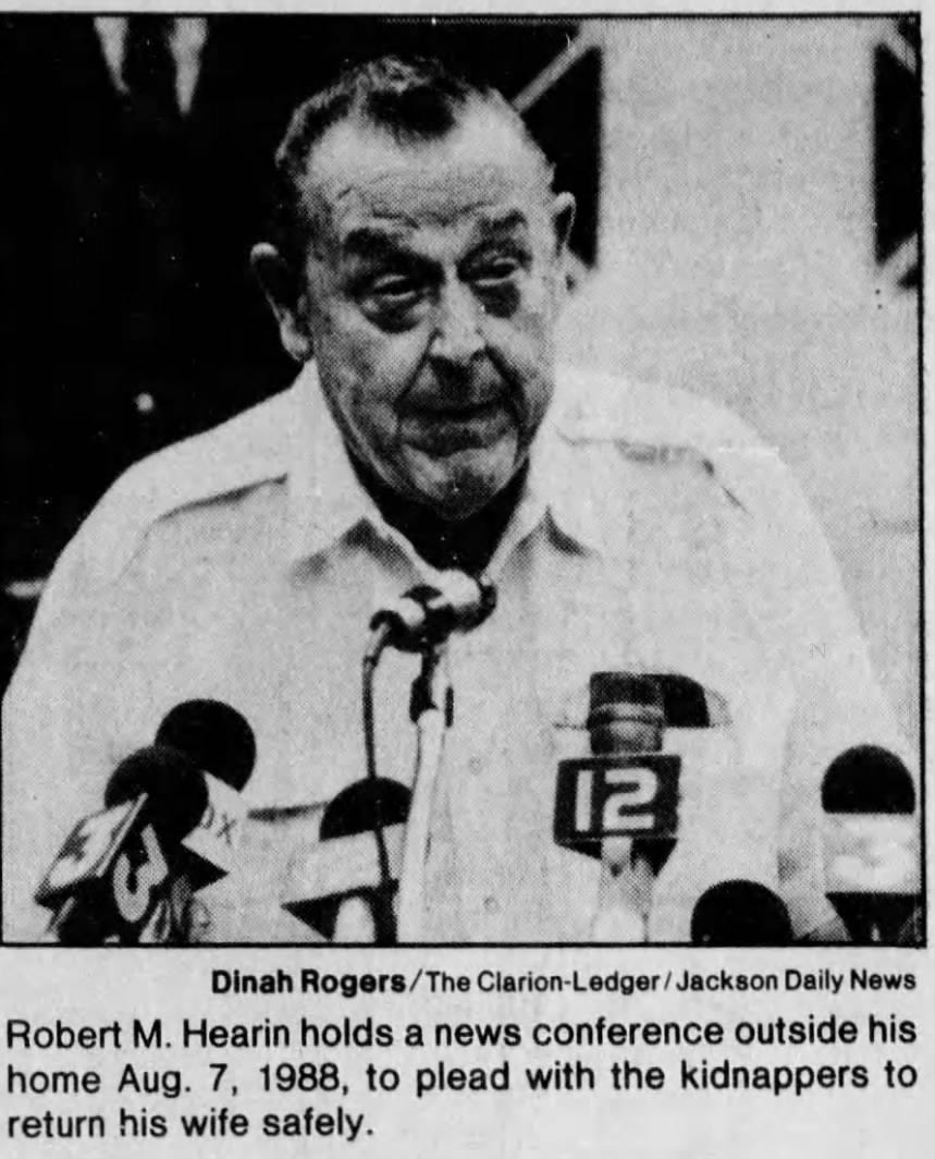 Dinah Rogers/The Clarion-Ledger / Jackson Daily News Robert M. Hearin holds a news conference outside his home Aug. 7, 1988, to plead with the kidnappers to return his wife safely.