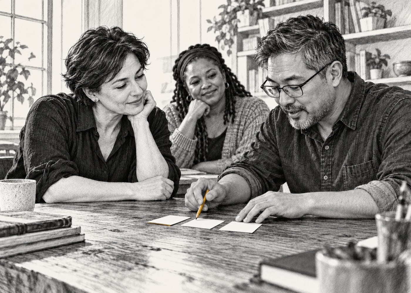 A teacher watches an adult learner work through an example with a pencil and cards, while another learner looks on.