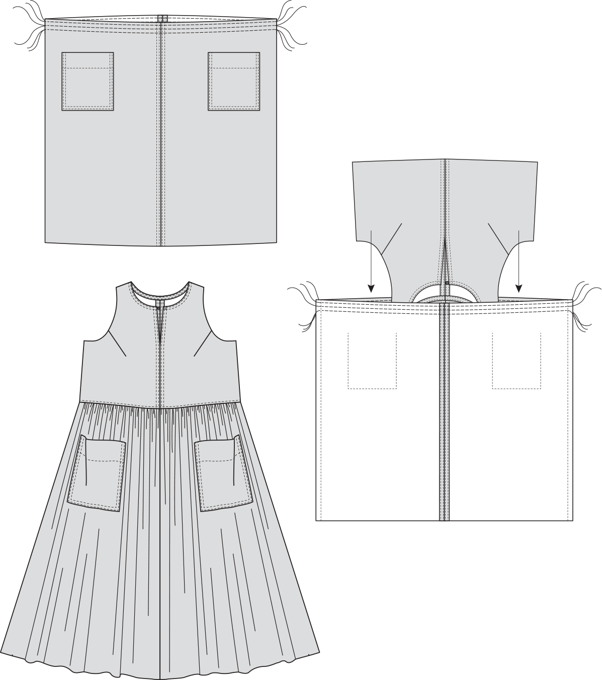 Technical illustration showing Austin Dress View B gathered skirt with basting threads at waist and bodice being attached, with completed dress at left