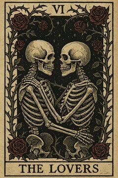 Vintage The Lovers Tarot Card with Embracing Skeletons and Roses