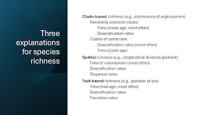 A list titled "What explains patterns of species richness?" with title on left on dark background and several lines of indented text of explanation on right on white background.