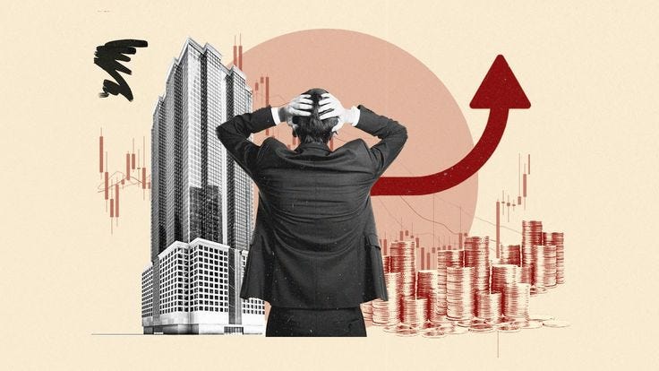 This may contain: a man standing in front of an upward arrow with buildings and birds flying around him