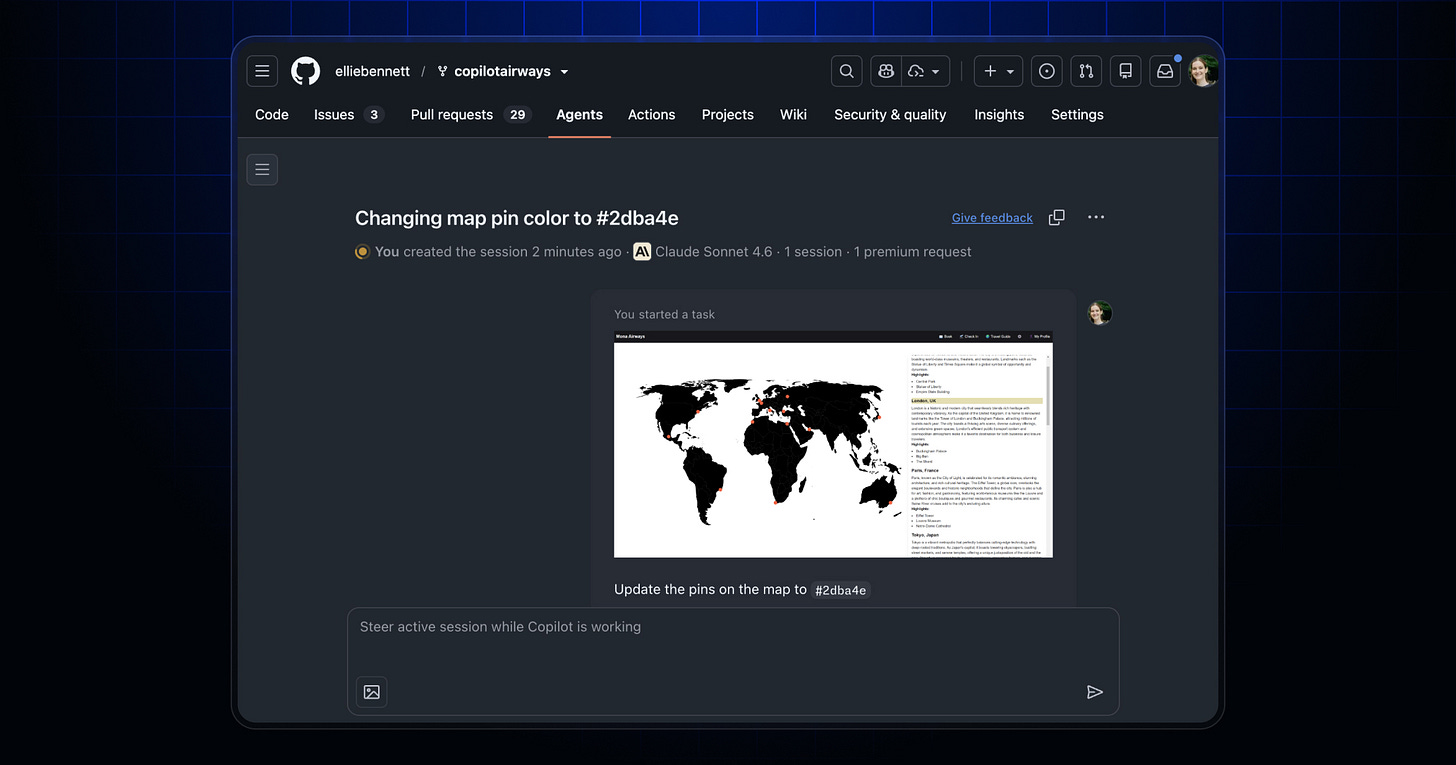 GitHub UI showing an image uploaded to GitHub Copilot to kick of an agent session.
