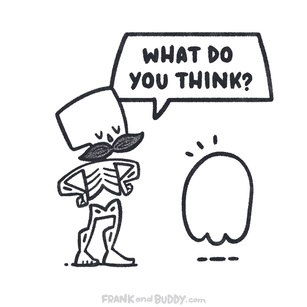 This webcomic shows a skeleton with a bushy moustache, asking a baby ghost "What do you think?"