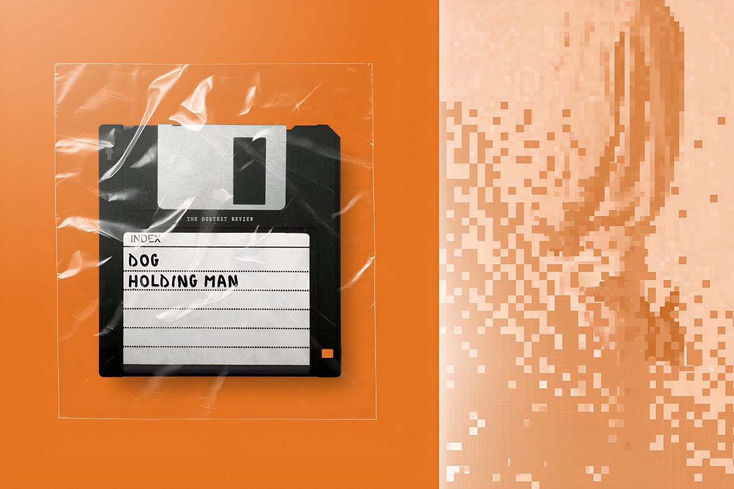 A minimalist editorial layout split into two fields. On the left, a black vintage floppy disk sits inside a clear, creased plastic sleeve against a smooth, vibrant orange background. The disk’s white index label features handwritten text reading: "DOG HOLDING MAN." The right side of the frame consists of a vertical panel of abstract, blown-out digital pixels in shifting shades of soft peach, warm amber, and terracotta. Drawing Conclusions series at The Subtext Review. A minimalist editorial layout split into two fields. On the left, a black vintage floppy disk sits inside a clear, creased plastic sleeve against a smooth, vibrant orange background. The disk’s white index label features handwritten text reading: "DOG HOLDING MAN." The right side of the frame consists of a vertical panel of abstract, blown-out digital pixels in shifting shades of soft peach, warm amber, and terracotta. Drawing Conclusions series at The Subtext Review.