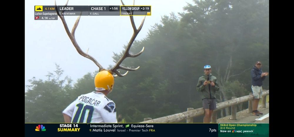 Tour de France screenshot of a guy in a no. 10 Tadej Pogacar Seattle Seahawks jersey with a yellow football helmet with no mask but a set of absolutely gigantic deer antlers attached to the top
