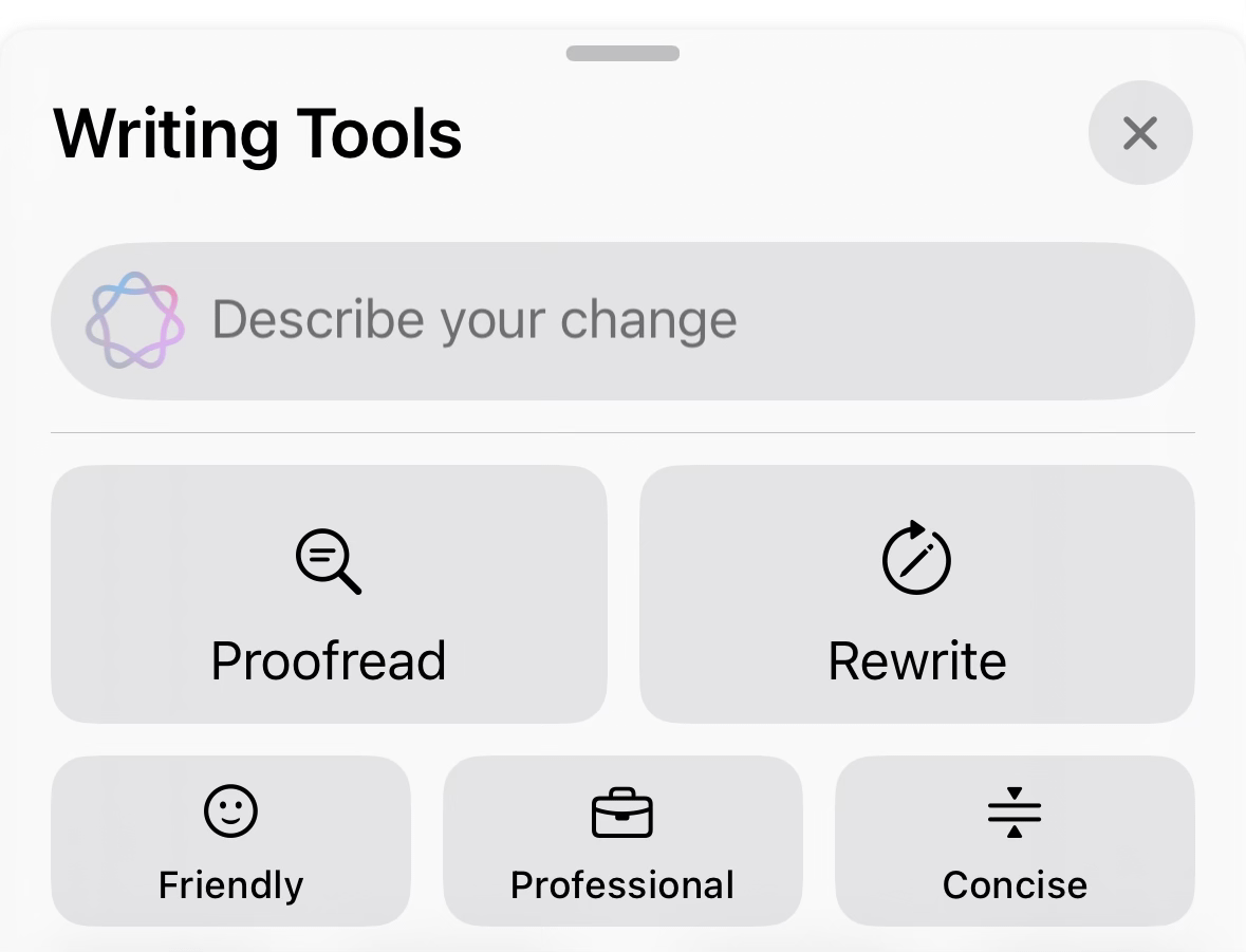 Screenshot of the Writing Tools user interface on iOS18