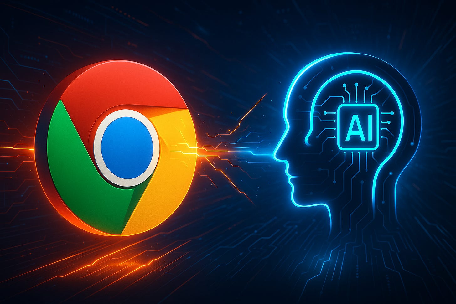 Dynamic digital illustration of Google Chrome logo and futuristic AI symbol in a vibrant tech battle.